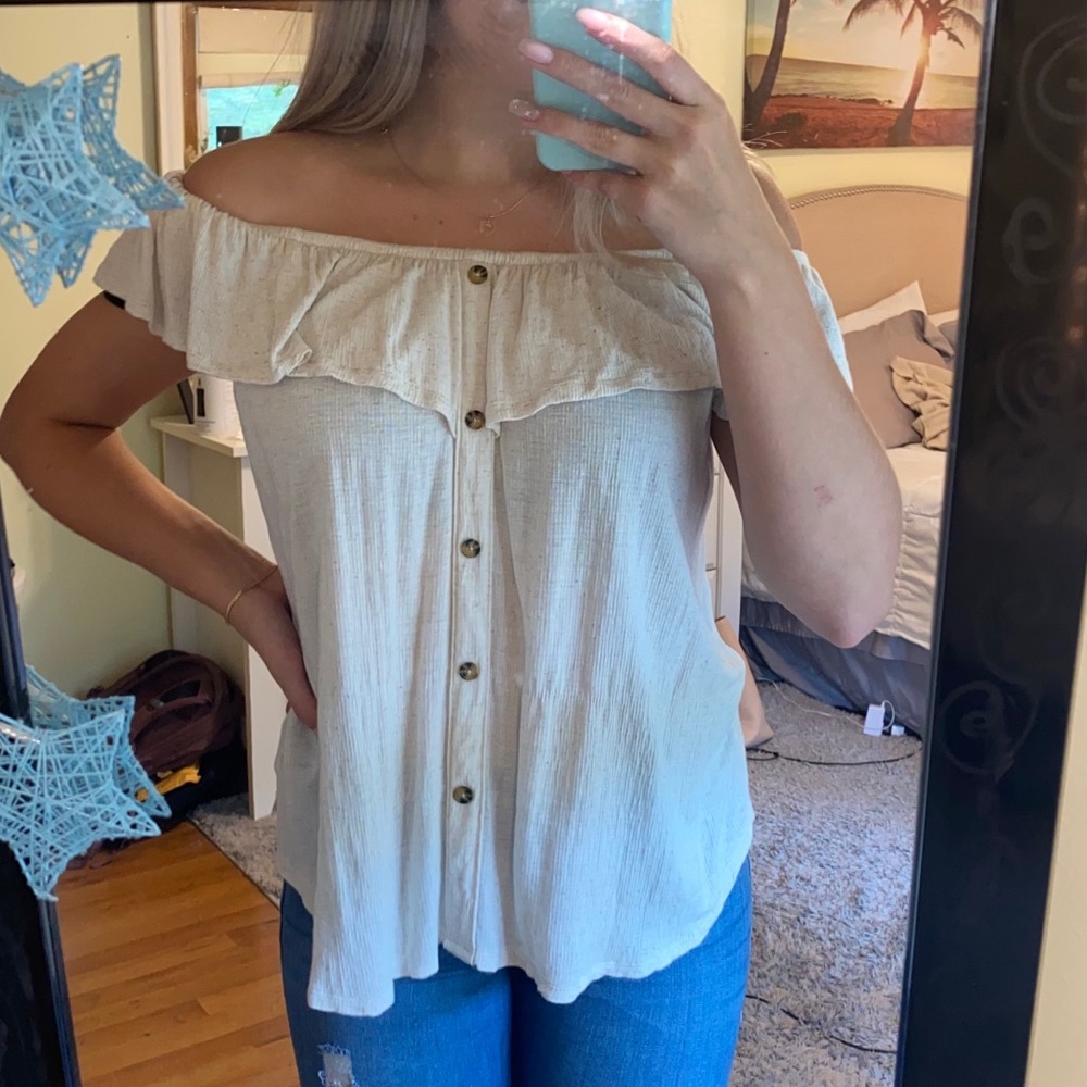 Off-white off the shoulder button up top